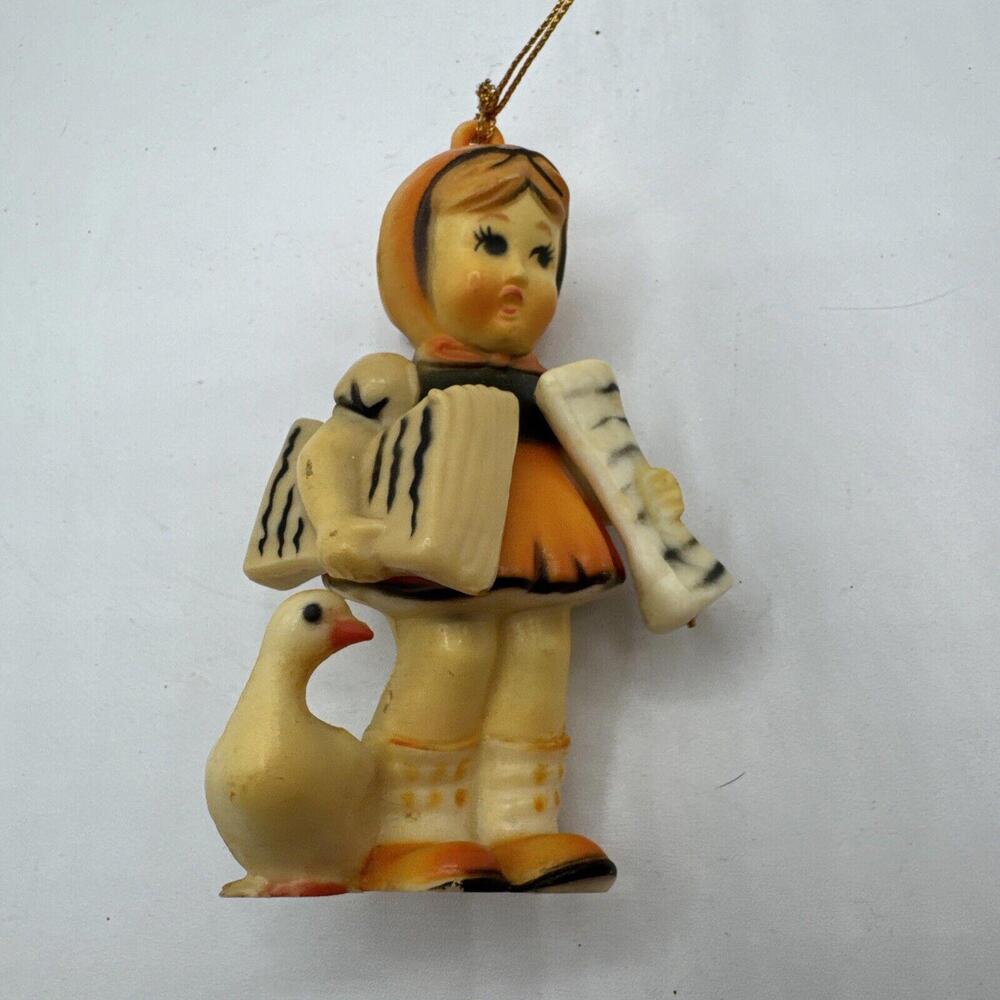 VTG HARD PLASTIC KURT ADLER HUMMEL LIKE ORNAMENT GIRL HOLDING PAPERS W/DUCK